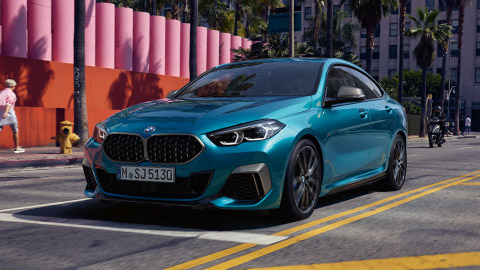 BMW 2 Series Gran Coupé F44 three-quarter front view standing on the street BMW 2 Series BMW 2 Series Gran Coupé F44 three-quarter front view standing on the street