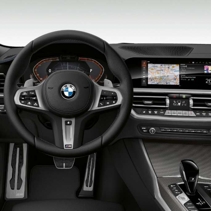 BMW 3 Series Sedan, Model M Sport Cockpit. Frontal close-up of the driver's cockpit of the BMW 3 Series Sedan with Model M Sport features.