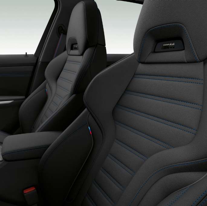 BMW 3 Series Sedan, Model M Sport front seats Side close-up of the front seats of the BMW 3 Series Sedan with Model M Sport features.