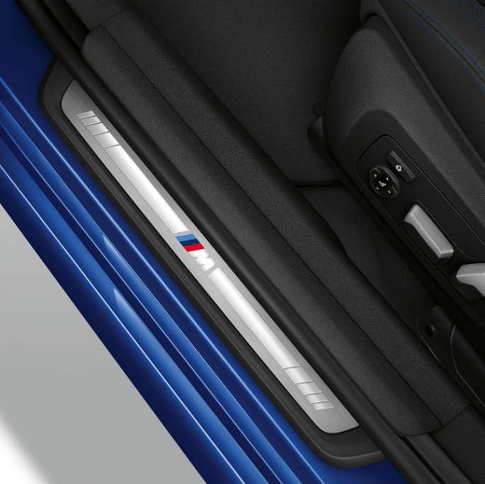 BMW 3 Series Sedan, Model M Sport entry sill. Top view of the door sill of the BMW 3 Series Sedan with Model M Sport features.